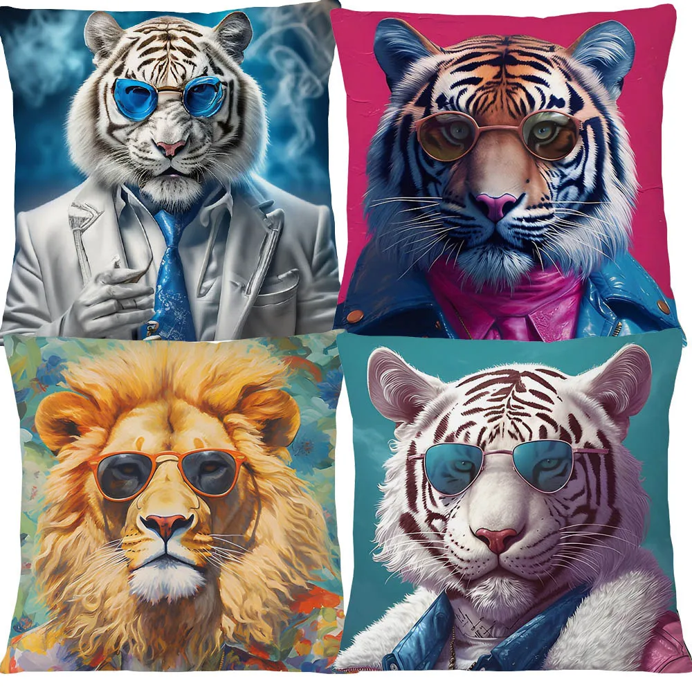 European Tiger with Blue Glasses Parrot Cat Animals Portrait Cushion Covers Pillowcase for Sofa
