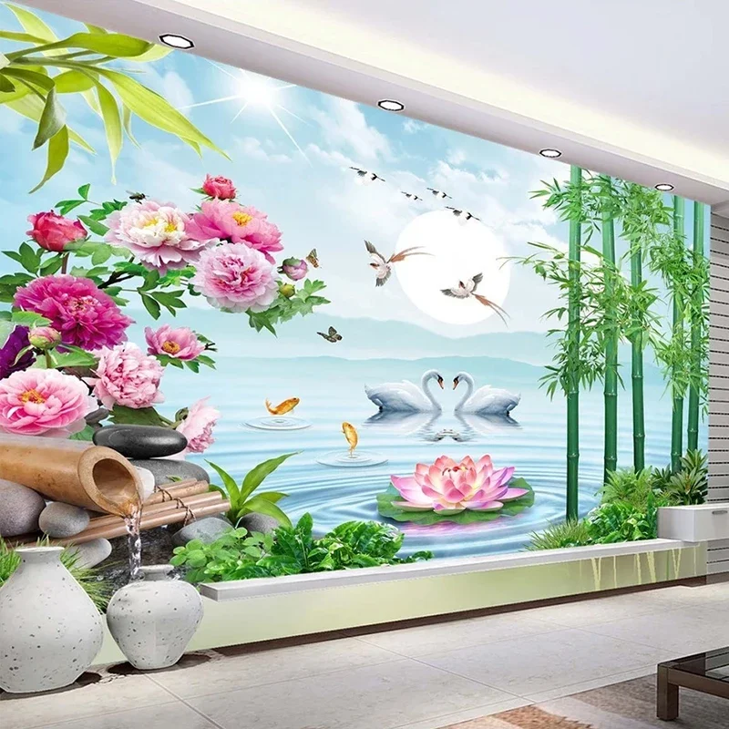 Custom 3D Photo Wallpaper Moon Swan Bamboo Forest Flowers Birds Art Wall Painting Study Bedroom Living Room TV Background Mural