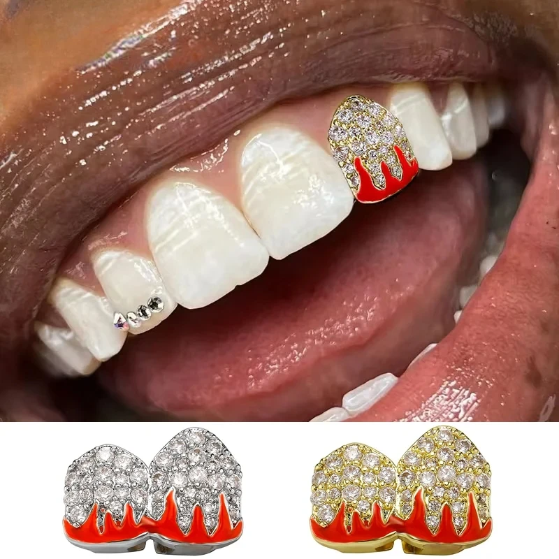 Halloween Rapper Red Flame Full Iced out CZ Stones Grillz Teeth Single Double Tooth Grills Cap Body Jewelry Accessory