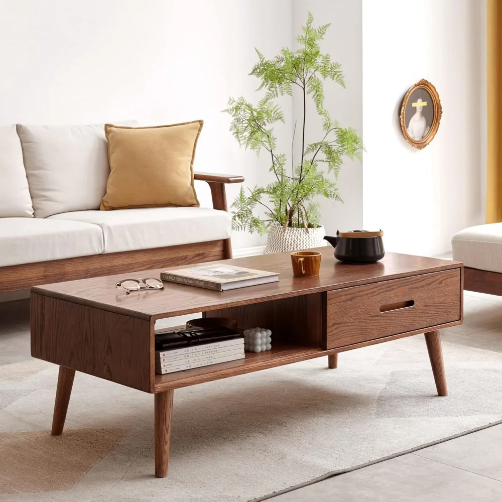

100% Solid Wood Coffee Table for Living Room, 47.24 W Oak Coffee Table with Storage Shelf and 2 Drawers, Mid-Century Modern Coff