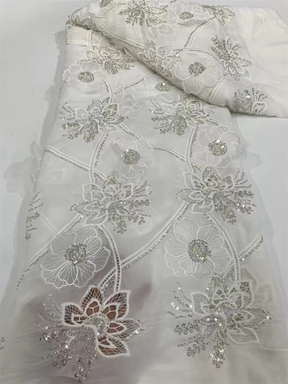 White Chiffon Embroidered High Quality Tulle Lace Fabric For Sewing Cotton Chiffon African Nigerian Wedding Party Dress A230-2