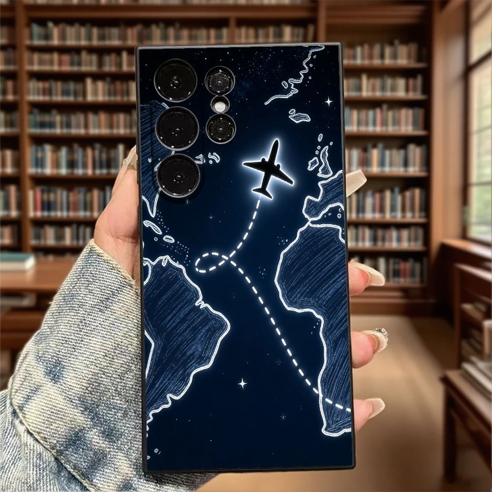Glowing Airplane Starry World Map Phone Case for Samsung Galaxy S25 S24 Ultra S23 S22 S21 S20 FE Plus Soft TPU Protection Cover