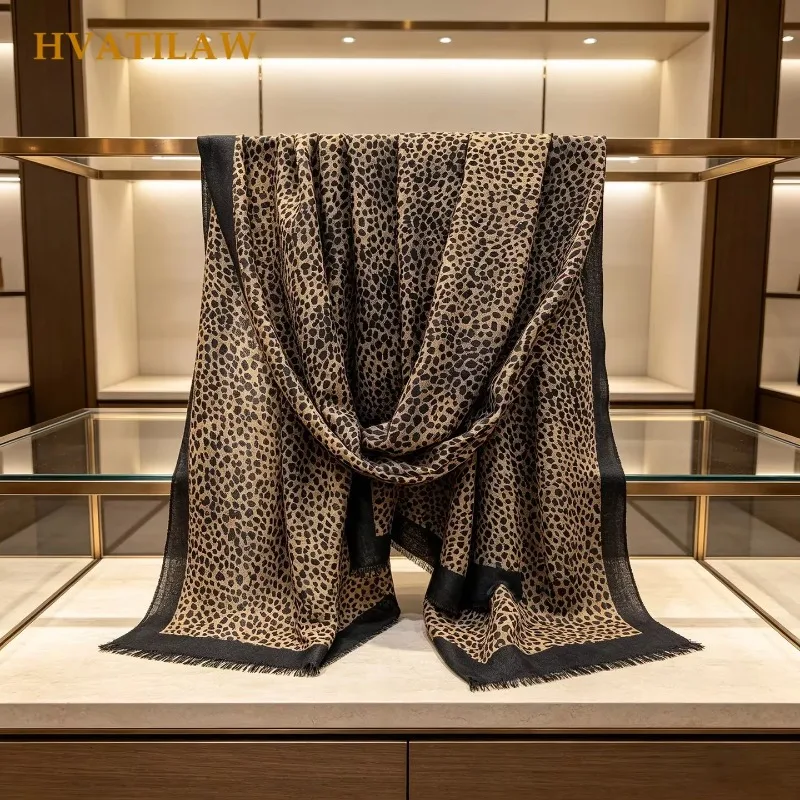 2026 New Leopard Print 100% Wool Fringed Scarf Women Winter Warm 200x100cm Large Wrap Shawl Neckerchief Scarves Pashmina Poncho