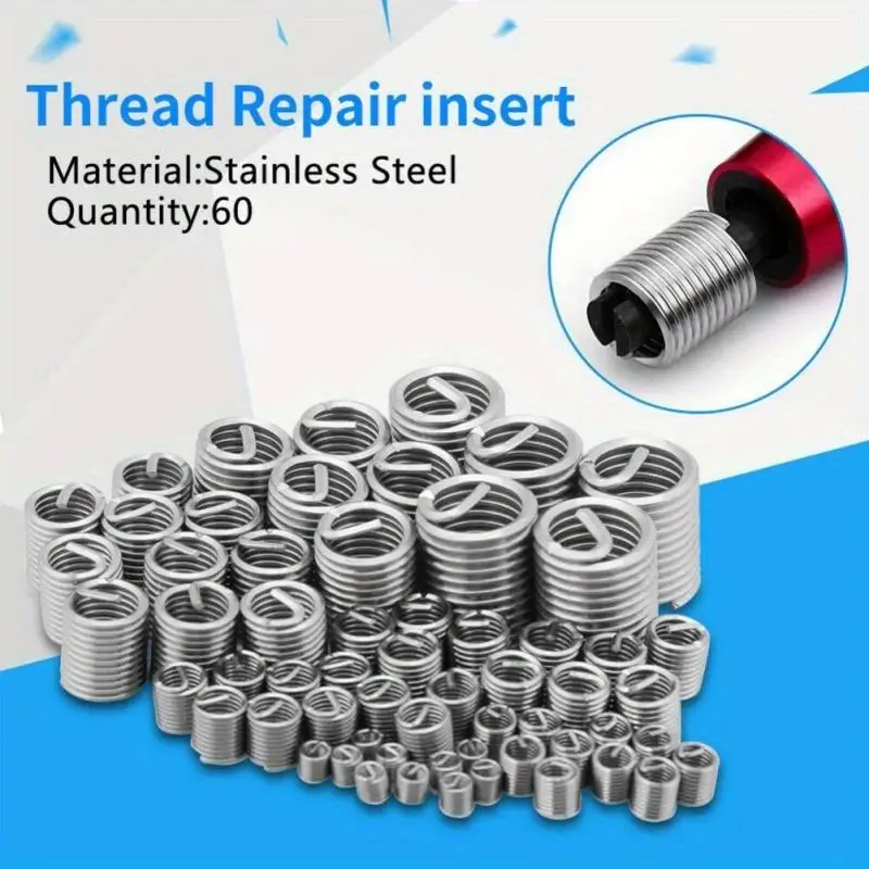 60PCS Steel Wire Screw Repair Kit M3 M4 M5 M6 M8 M10 M12 Stainless Steel Thread Insert Set for Hardware Repair Tools