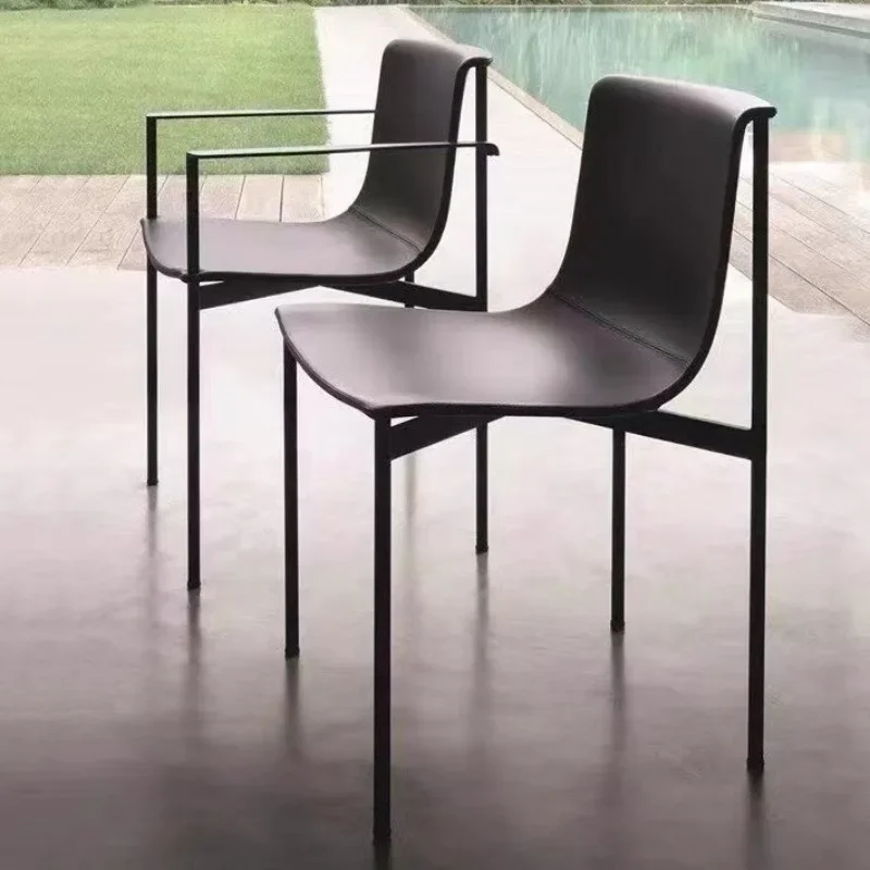 Italian light luxury saddle leather dining chair, modern simple household stainless steel chair