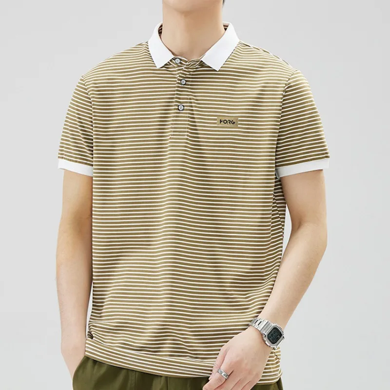 Summer Men's Striped Button Letter Turn-down Collar Pullover Solid Short Sleeve Polo T-shirt Casual Fashion Formal Vintage Tops