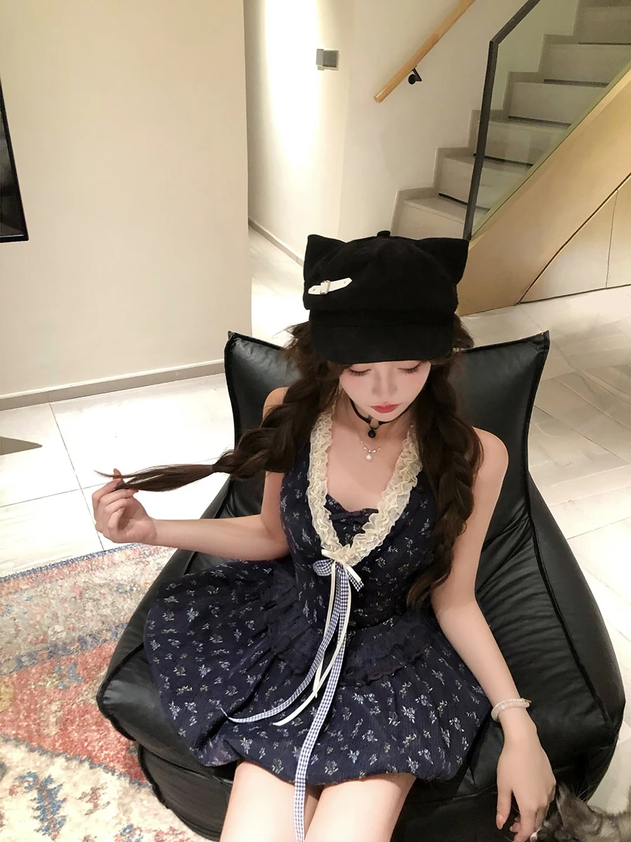 

Летнее платье Sweet Slimming Design Dr Blue Island Flower S R6658H с кружевными вставками, V-образным вырезом и А-образной юбкой