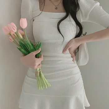 하이 엔드 Feels 스퀘어 칼라 프릴 에지 미니 드레스 여름 세련된 허리 장착 슬림 니트 드레스 여성 짧은 치마