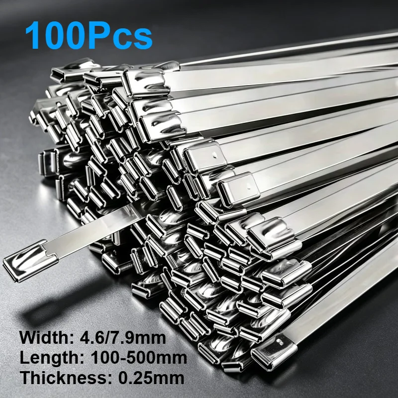 100Pcs 304 Stainless Steel Zip Ties Self Locking Heavy Duty Rustproof Metal Cable Ties 4.6-7.9mm for Automotive Machinery