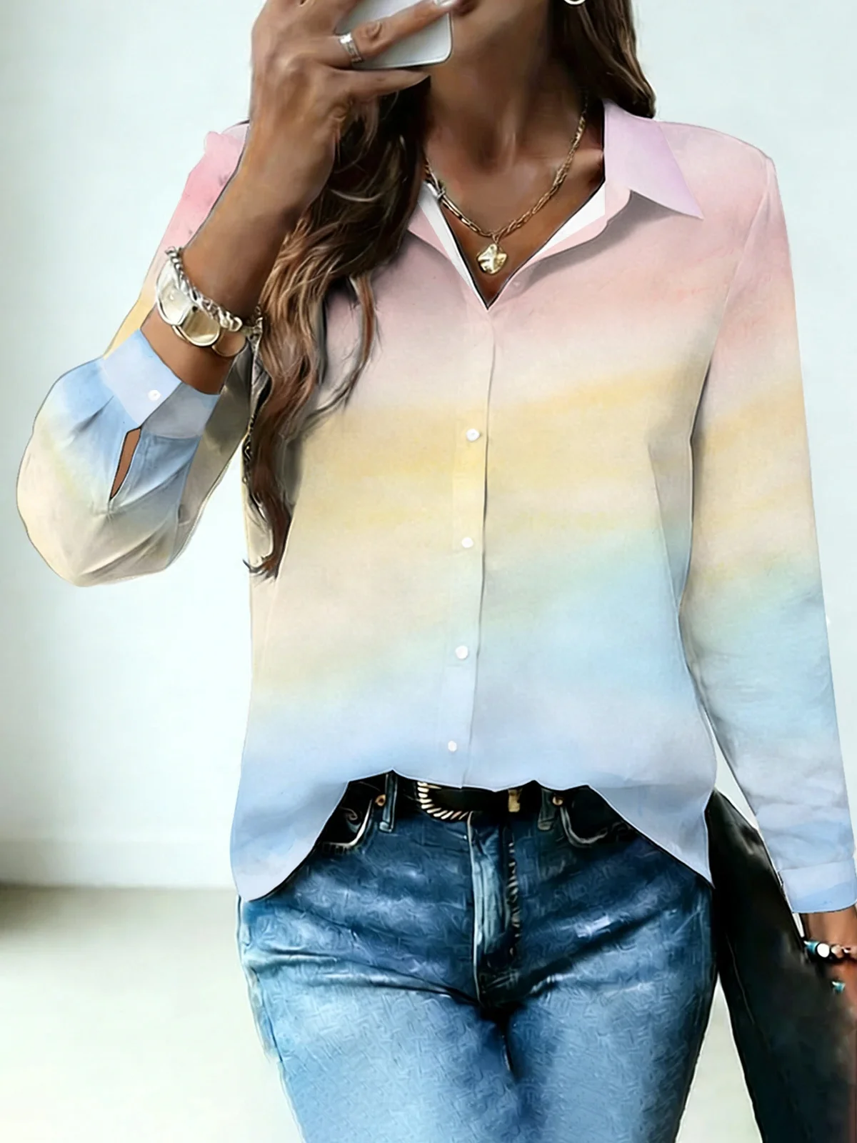 Ethereal Multi Gradient Watercolor Womens Collared Shirt All Over Pastel Horizontal Tone Print Long Sleeve Street Dating Top