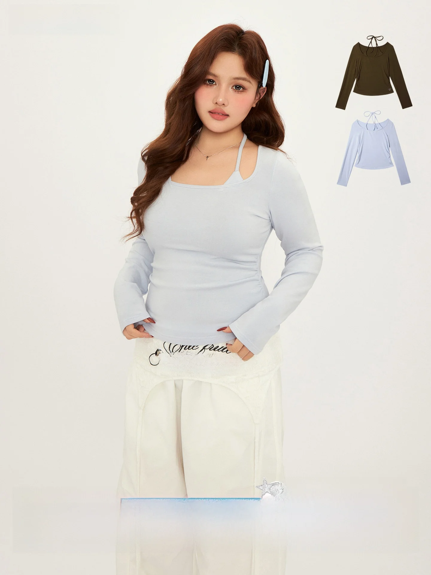 

Slimming Effect Chic Fruit Casual Sle Long Sve Ne Hanging Fake Two-Piece Women's T-irt plus Size Body Friendly Design