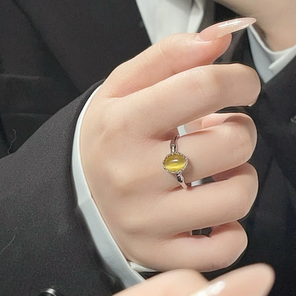 Luxury Retro 925 Sterling Silver Exquisite Oval Yellow Imitation Stone Adjustable Opening Finger Rings for Women Classic Jewelry