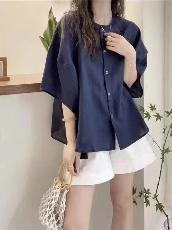 Japanese Sle Artistic Linen ort Sve irt Women's Summer Versatile Loose Casual round Ne Lightweight Cotton Linen Ca...