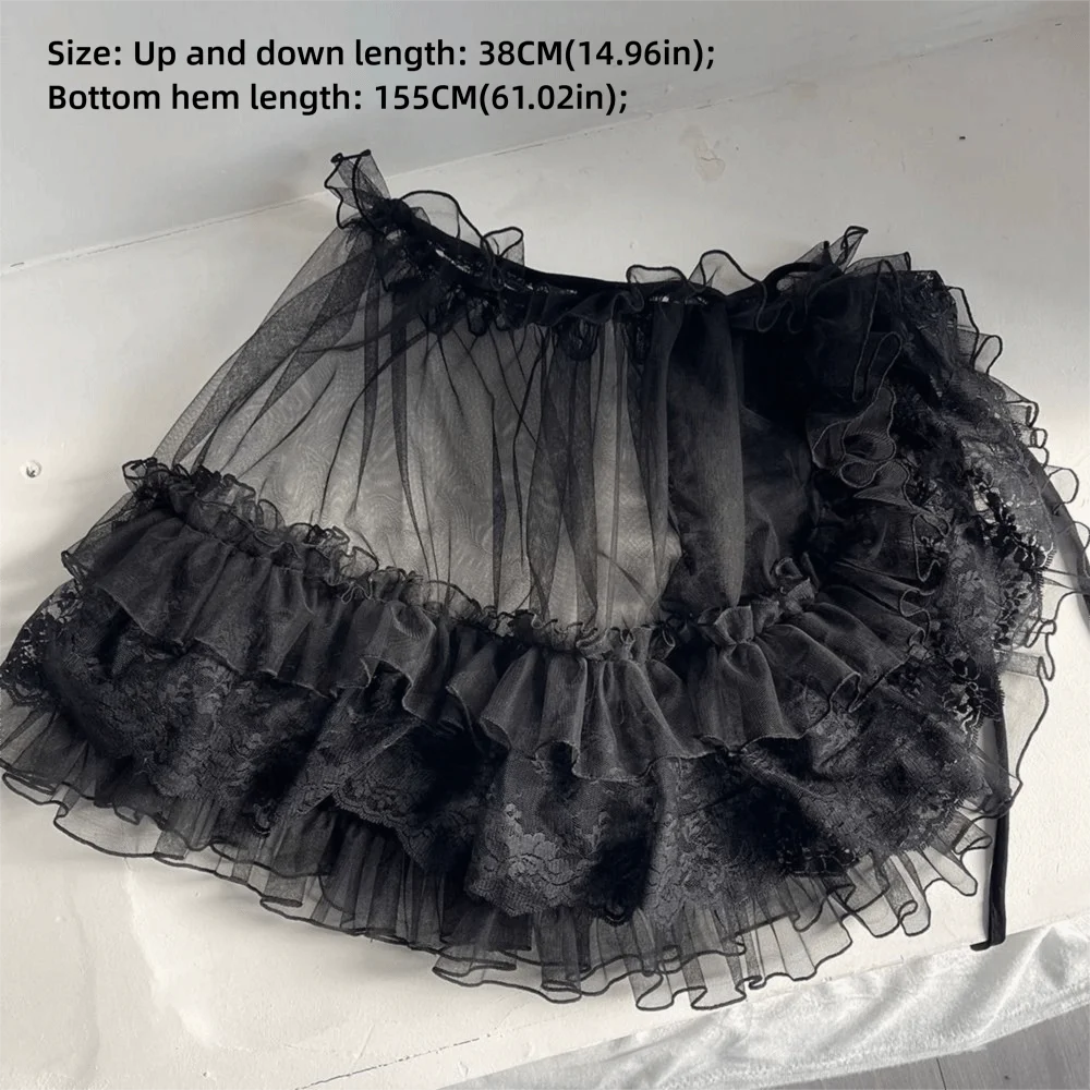 Versatile White Black Lolita Short Shawl Lace Mesh Sheer Princess Capes Cardigan Open Front Ruffles Ace Mesh Skirt Women view 6