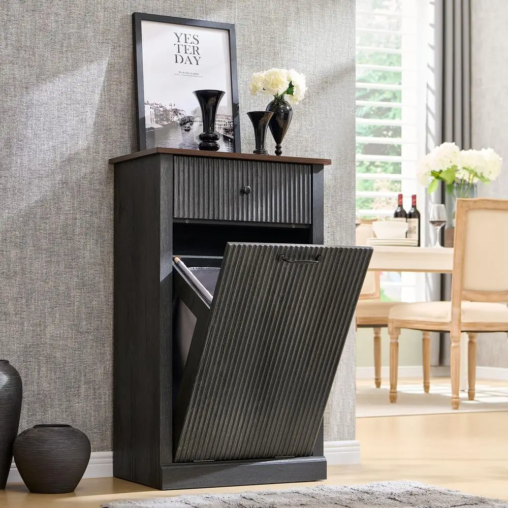 

ern -Out Trash Can Cabinet, 10 Gallon luted Laundry Hamper Cabinet with Ders, Wooden Hidden Garbage Can Cabiwith Storage Basket,