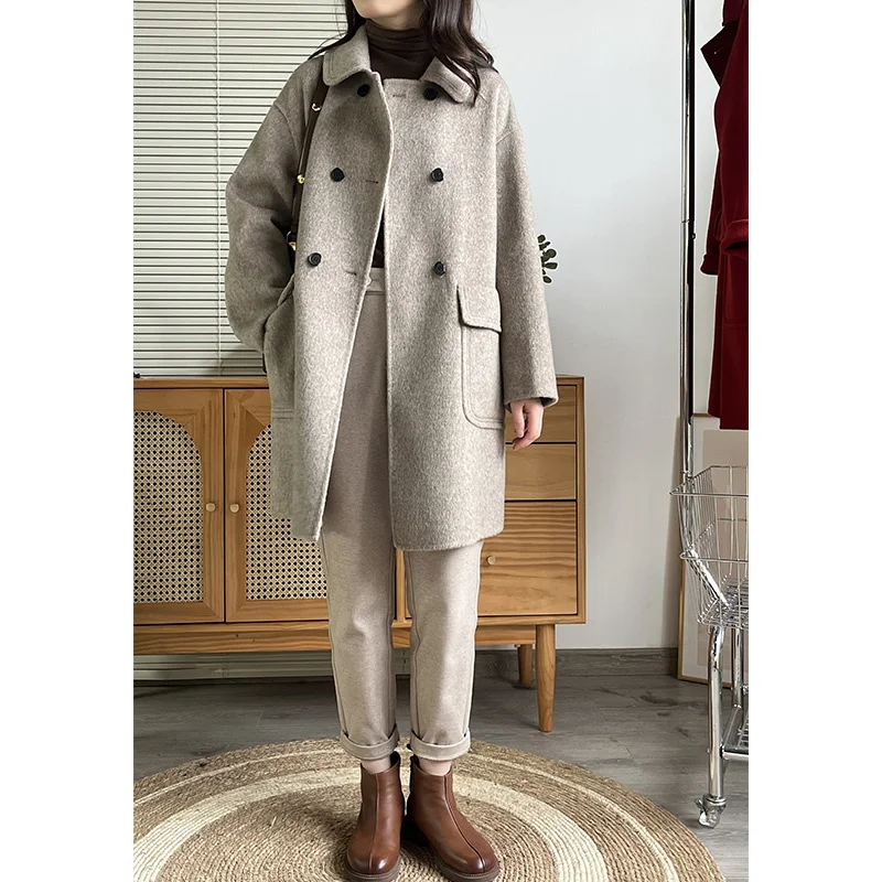 

2023 Live Exclusive Small Double Faced Cashmere Coat for Women's Medium Length 100 Sheep Wool