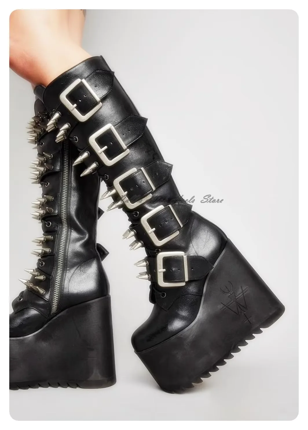 Punk Leather Long Rivet Platform High Heel Boots Girl Buckle Knee High Round Toe Boots Women Street Design Rocking Dress Shoes