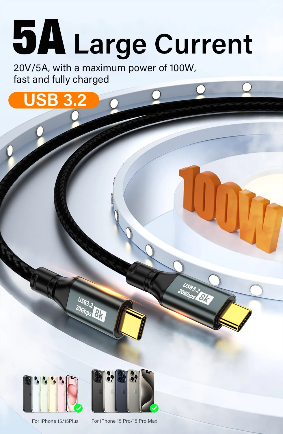 PD100W USB-C Schnellladekabel, USB 3.2 20Gbps 8K Thunderbolt 3 Typ-C zu Typ-C Datenkabel für MacBook iPhone 17 Pro Max – Detail 3