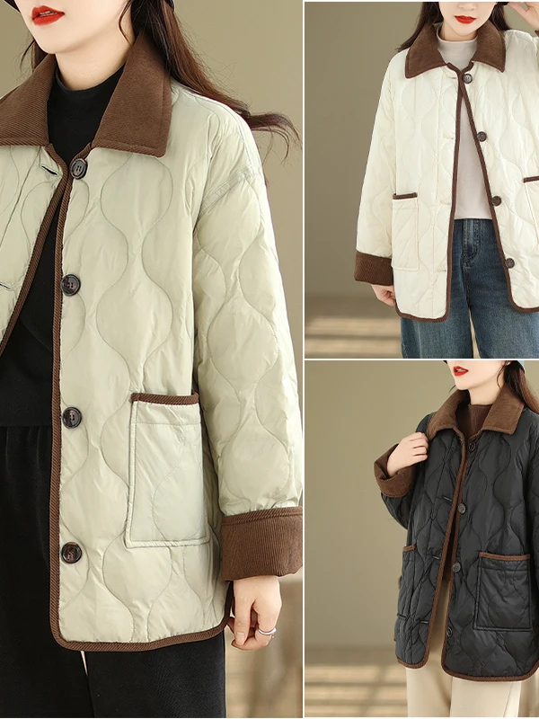 جايت قطني خفيف الوزن مع ألوان متباينة بنمط ألماس وياقة مقلوبة كاجوال للنساء في الشتاء... #1