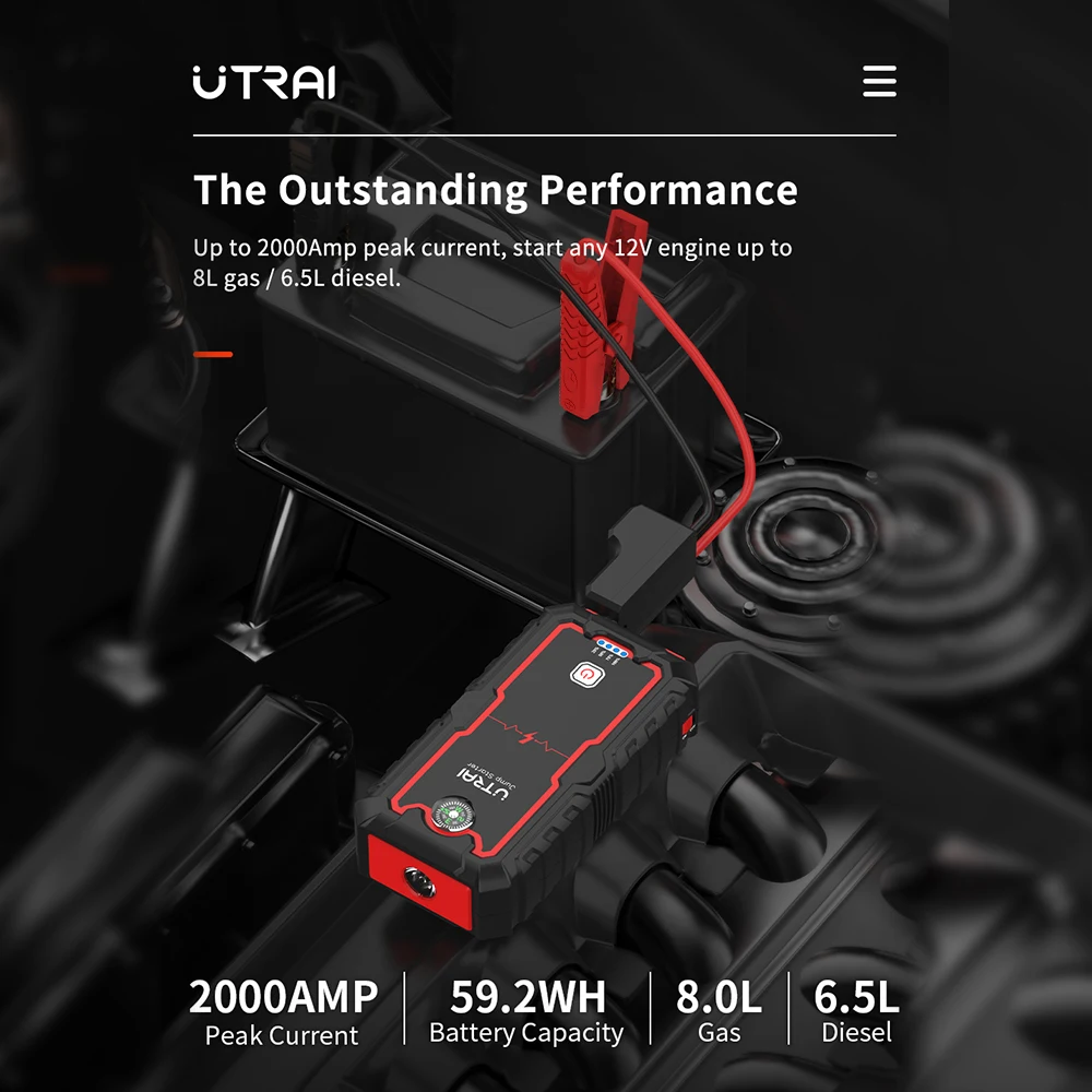 UTRAI 2000A Jump Starter Power Bank Portable Charger Starting Device For 8.0L/6.0L Emergency Car Battery Jump Starter