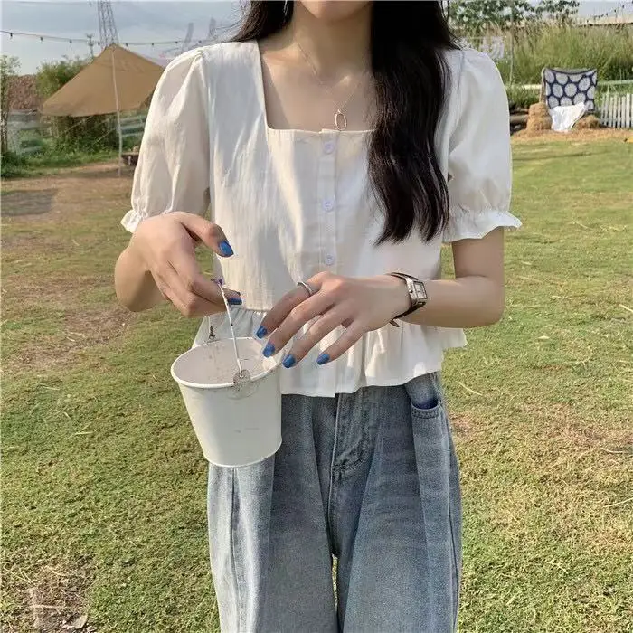 

Рубашки с коротким рукавом, женские кружевные рубашки с вышивкой, облегающие осенние рубашки Kawaii, женские, милые, студенческие, девичьи, художественные, для колледжа