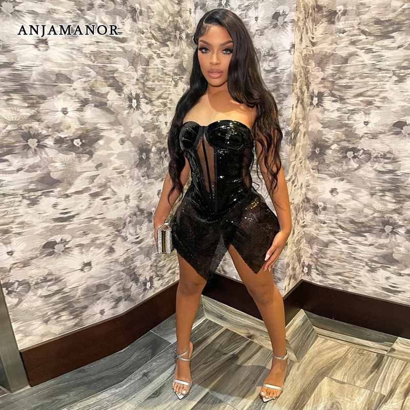 ANJAMANOR PU Leather Corset Sequin Mesh Irregular Split Mini Dress Sexy Birthday Outfit for Woman 2024 Summer Clubwear D35-EF37