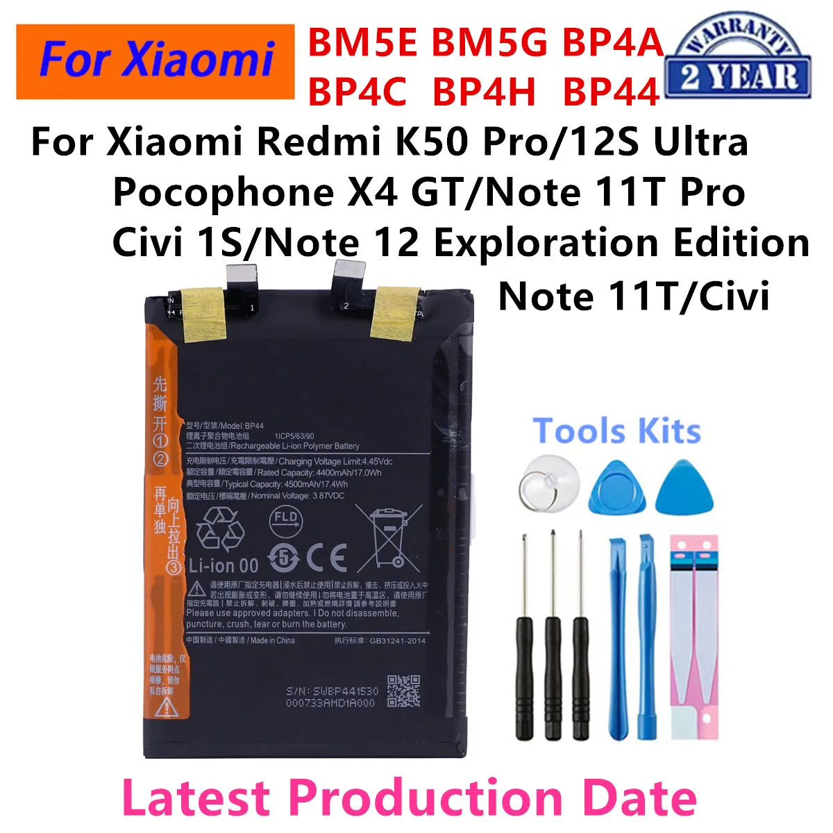 

Brand New Battery BM5E BM5G BP4A BP4C BP4H BP44 For Xiaomi Redmi K50 Pro Pocophone X4 GT 12S Ultra Note 11T Pro Note 12 Civi 1S