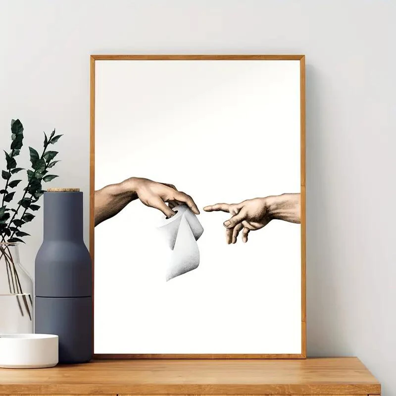 2D Flat ,Frameless,Adam's Creation Meets Toilet Paper Canvas Posters Print, Michelangelo Wall Art,Minimal,Toilet Decor,Modern Ho