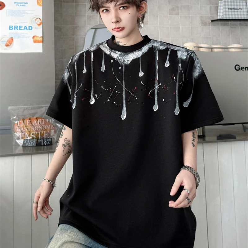 Men's Graphic Refined T Shirt American Casual Paint Drip Print High End Vintage Streetwear Oversized Pullover Top 02YV