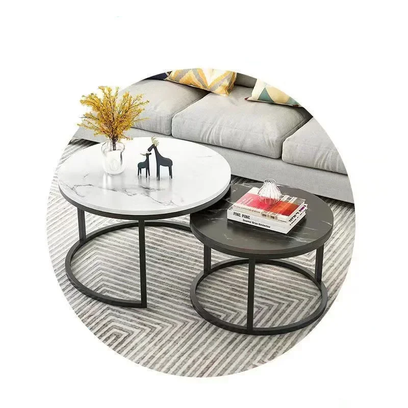 Two-piece contemporary round nested center table gold metal edge wooden tea and coffee table set