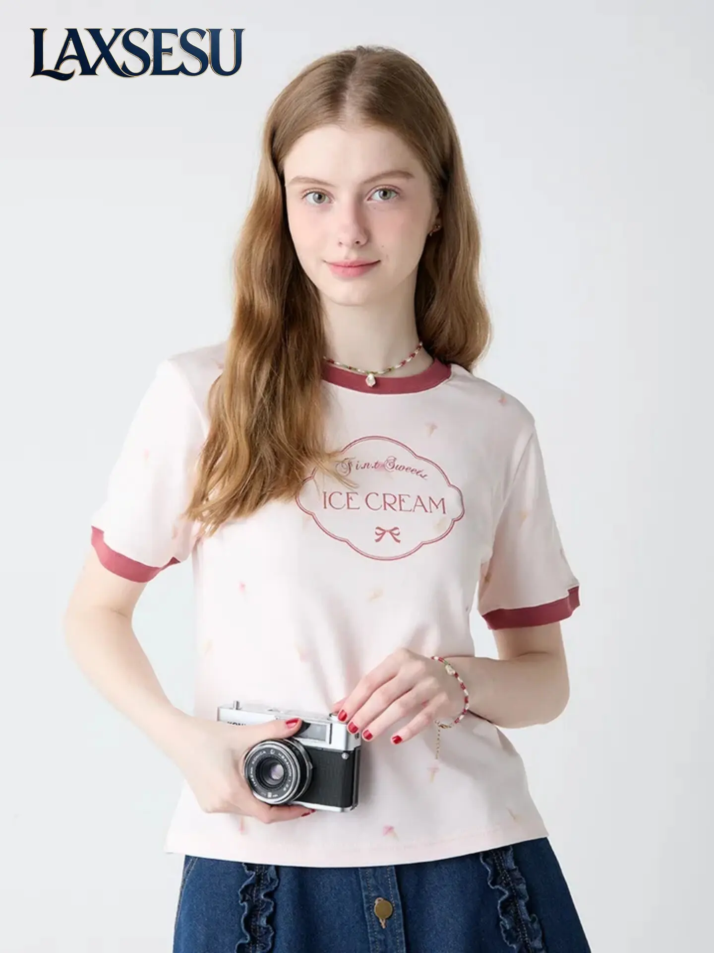 New Summer Japanese Women's T-shirts Sweet Short Sleeve Tshirt Letter Printed Color Contrasting Loose Top Comfortable T-shirt