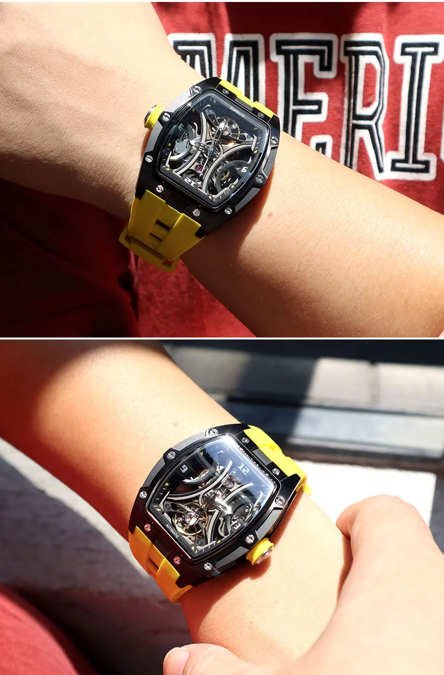 MEGIR Sport-Stil, automatische mechanische Uhr für Herren, voll hohl, transparentes Zifferblatt-Design, Edelstahlgehäuse, Silikonarmband – Detail 11