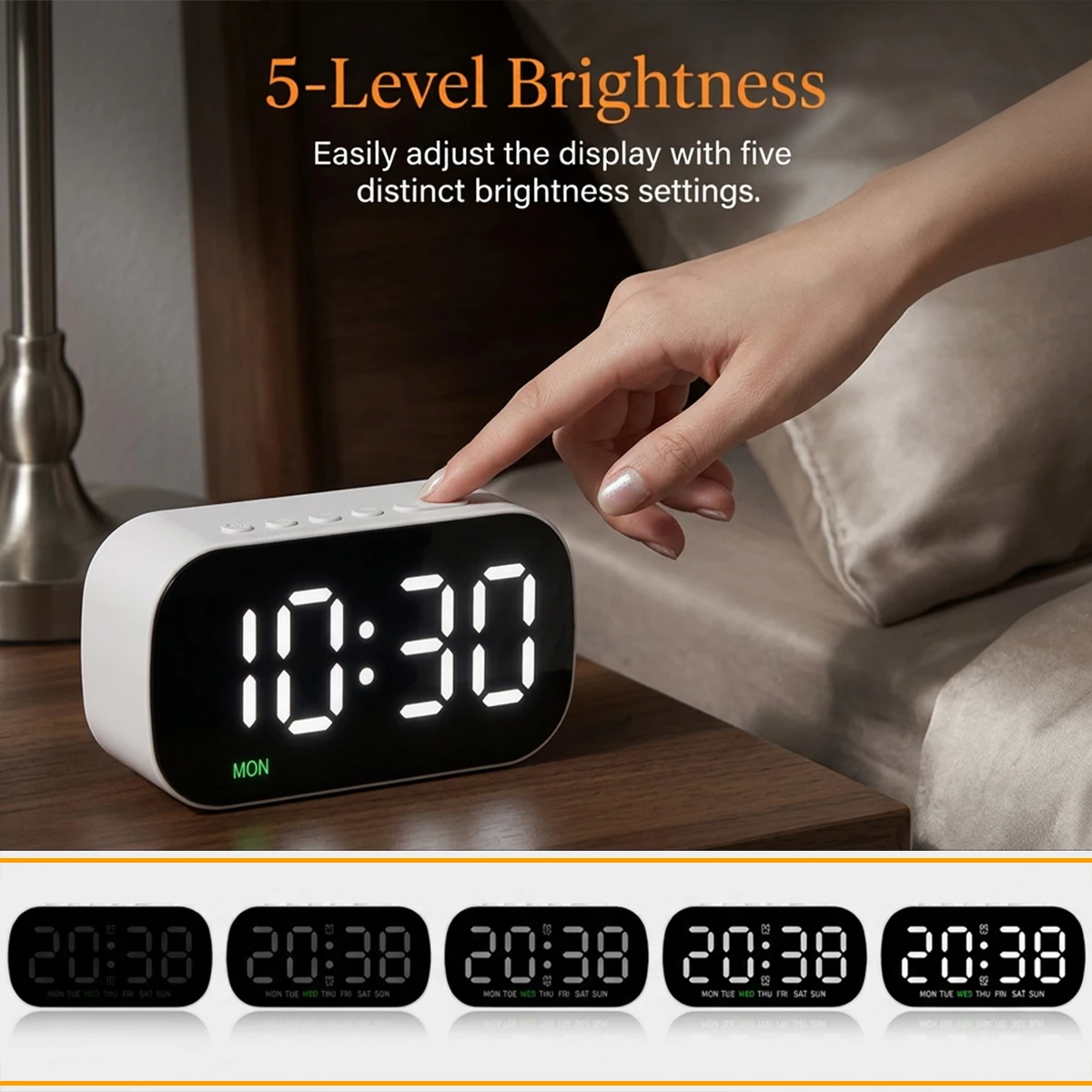 LED Digital Alarm Clock USB Powered Temperature Date Week Dual Alarm Night Mode Snooze Clock 5 Level Brightness 12/24H LED Clock