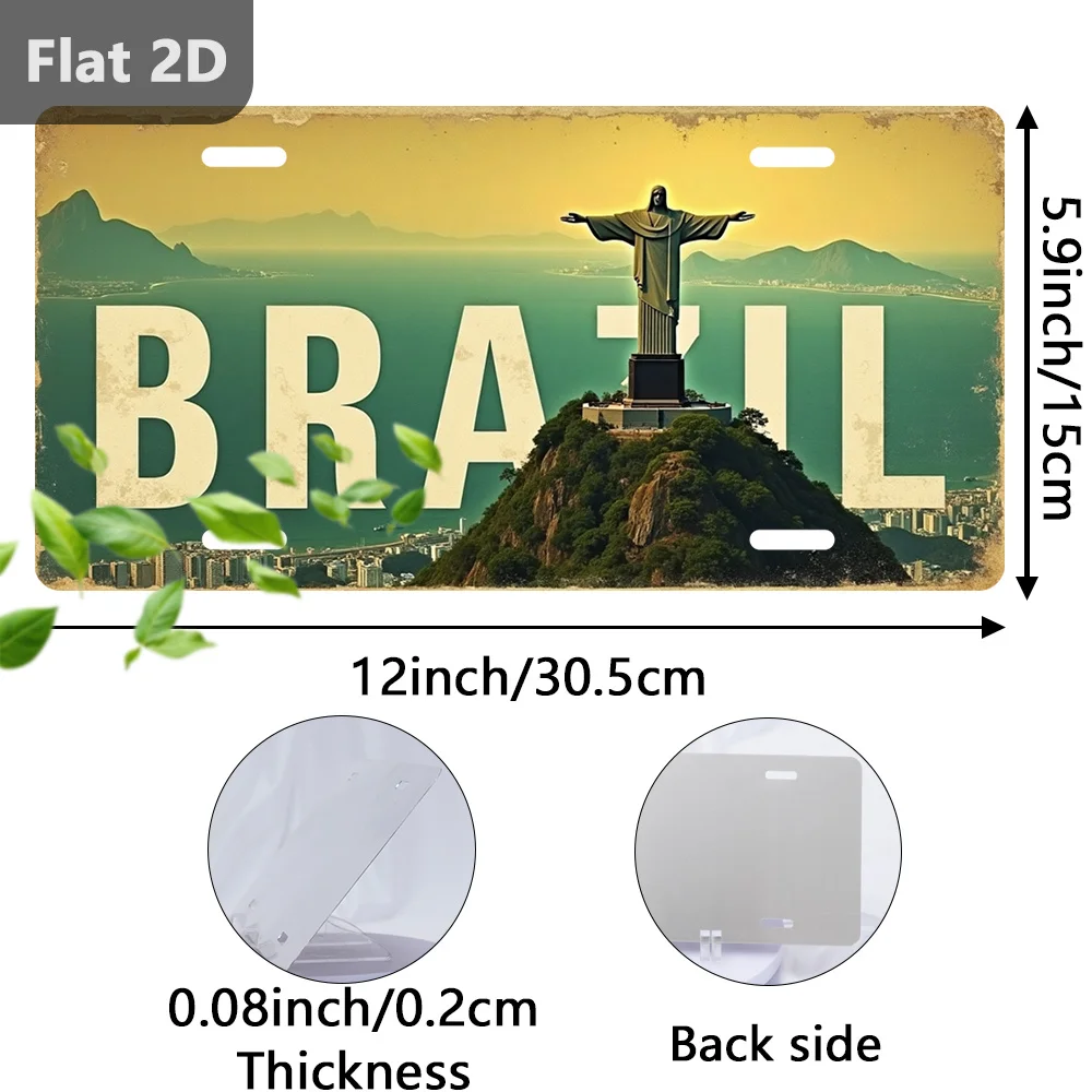 Vintage Rio de Janeiro Christ Statue Metal License Plate, 12x5.9in Outdoor Wall Decor for Cafe Garage Garden, Brazilian City Sig