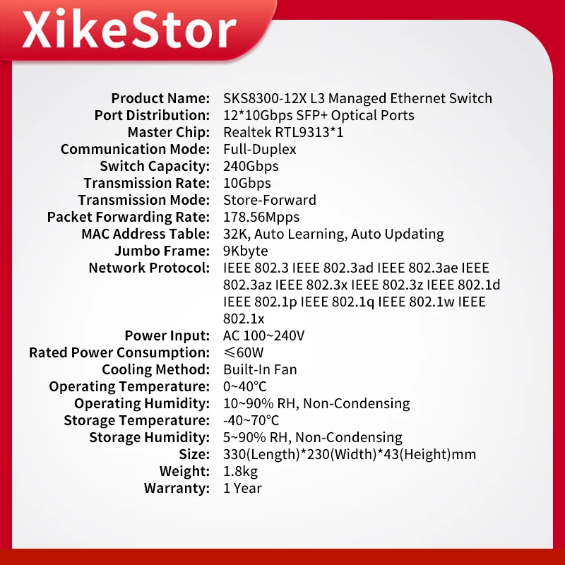 XikeStor 12 Port 10G SFP+ L3 Managed Switch Fan Cooler Web/CLI Management Port Aggregation VLAN Division DHCP Dynamic Routing