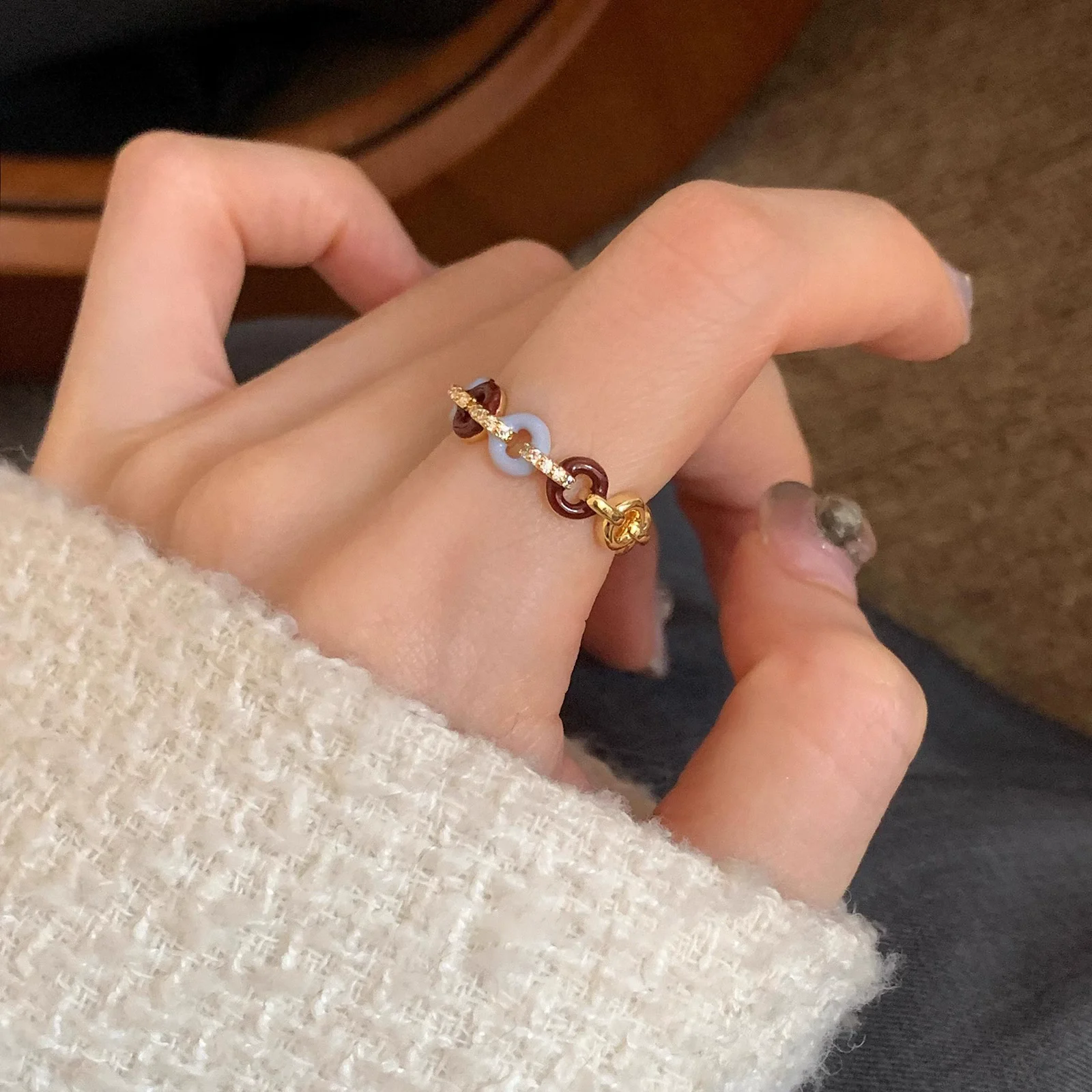 Retro Colored Glazed Rhinestone Adjustable Finger Rings For Women Couple Minimalist Fashion Handmade Party Jewelry Gift