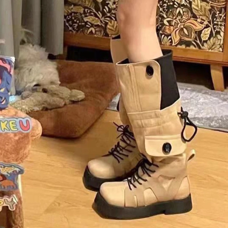 New Vintage Meadow Brown Women Square Toe Lace Up Knee High Stacked Boots, Streetwear Thick Sole Fold Over Tall Fashion Boots