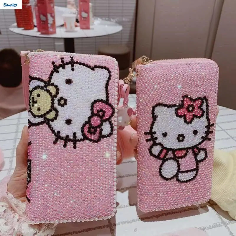 

Sanrio Fashion Diamond Set Cartoon Hello Kitty Phone Bag for Women with Diamond Personalized Long Change Storage Wallet