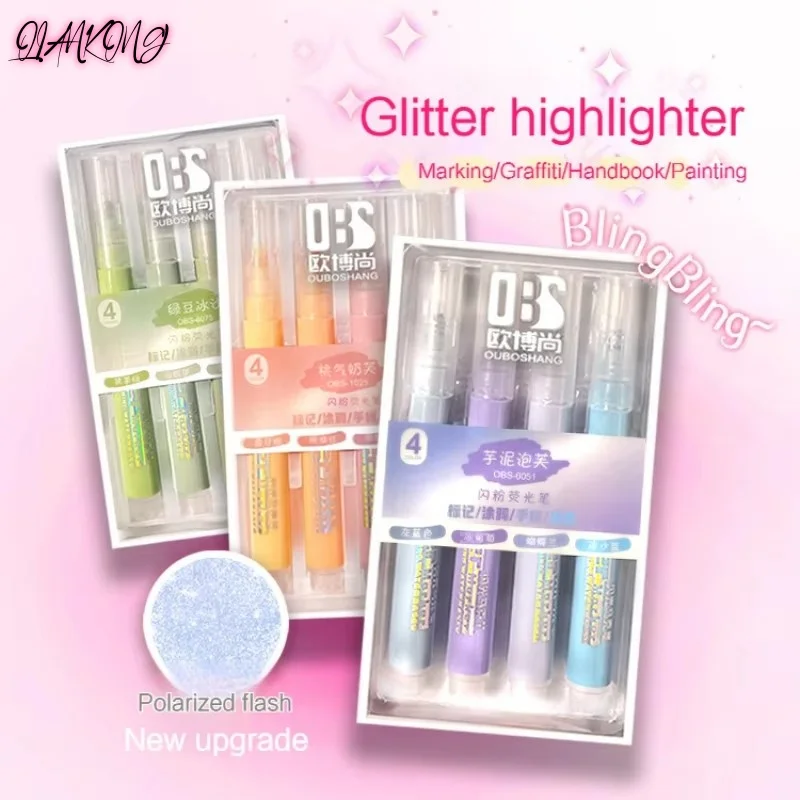 

4 Colors/box Kawaii Glitter Highlighter Pen Pastel Fine Pastel Highlighter Marker Scrapbook Painted Stationery School Supplies