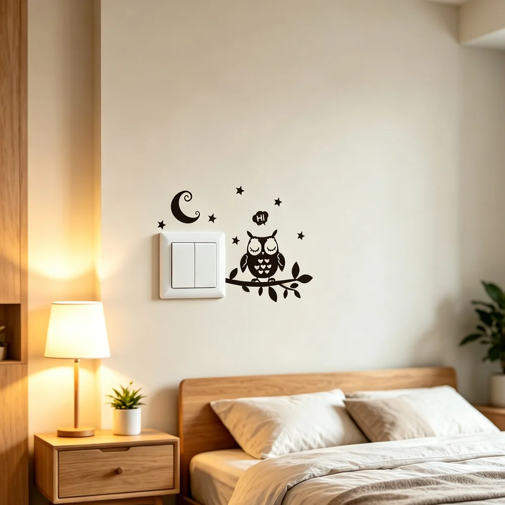 Black Owl Under The Night Sky Wall Sticker Kids Rooms Vinyl For Home Decoration Art Decals Removable Lovely Switch Stickers