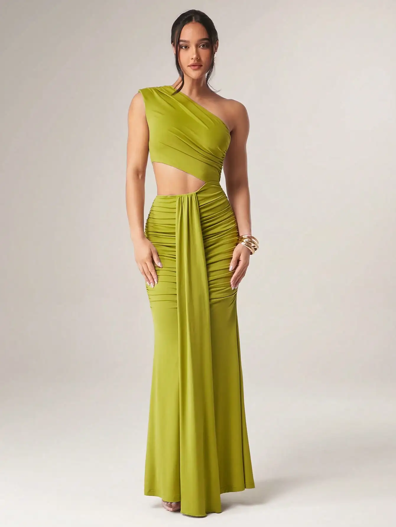 

Women's Asymmetrical Draped Cut-Out Maxi Dress in Sage Green