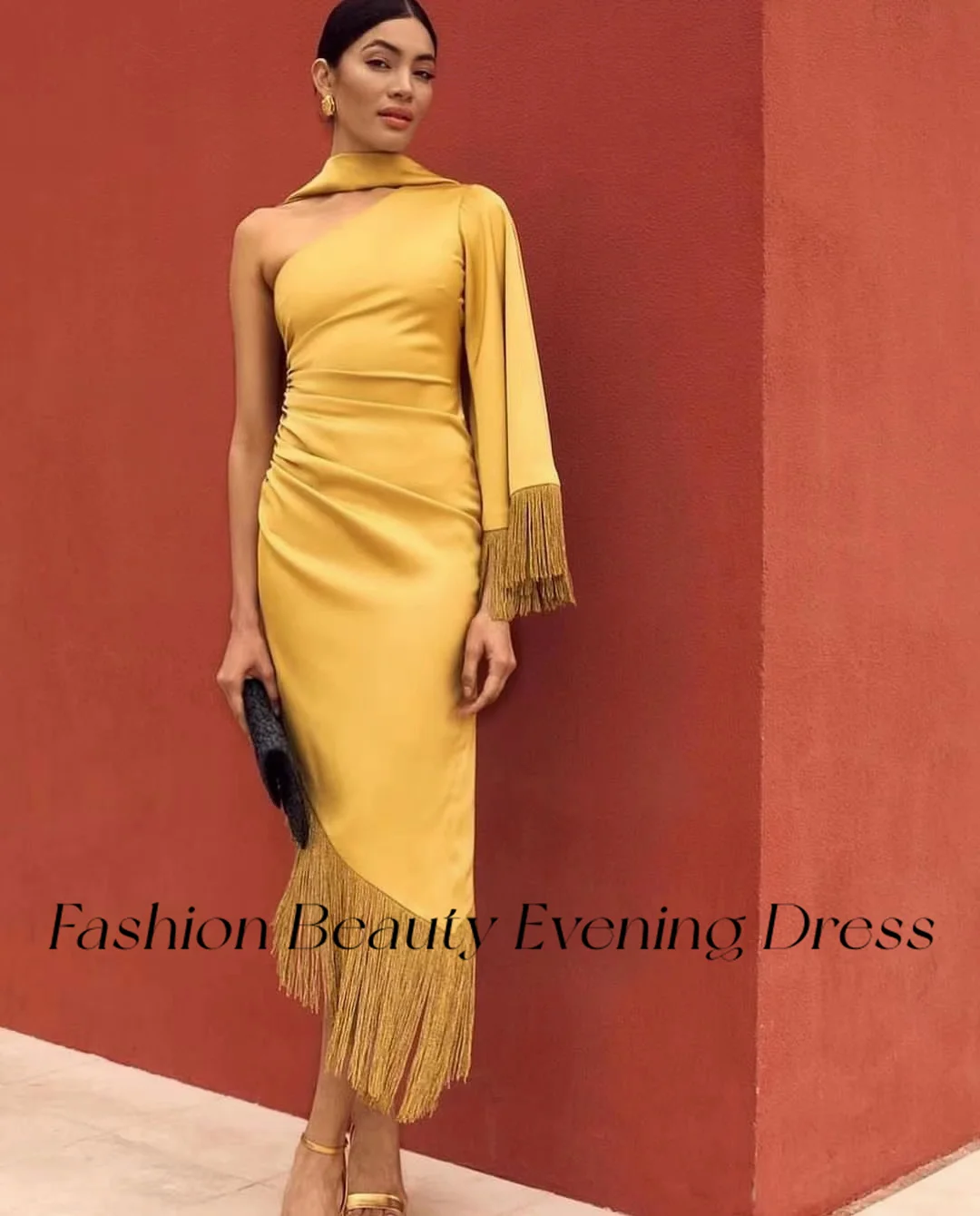 Fashion Beauty Golden Satin Evening Dresses One Shoulder Tassel Tea-Length Elegant Party Dress For Women 2024 vestidos de fiesta