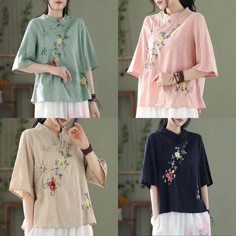 

Fashion woman blouses 2024 chinese traditional dress Linen clothing for women Short sleeve vintage top hanfu female asian style