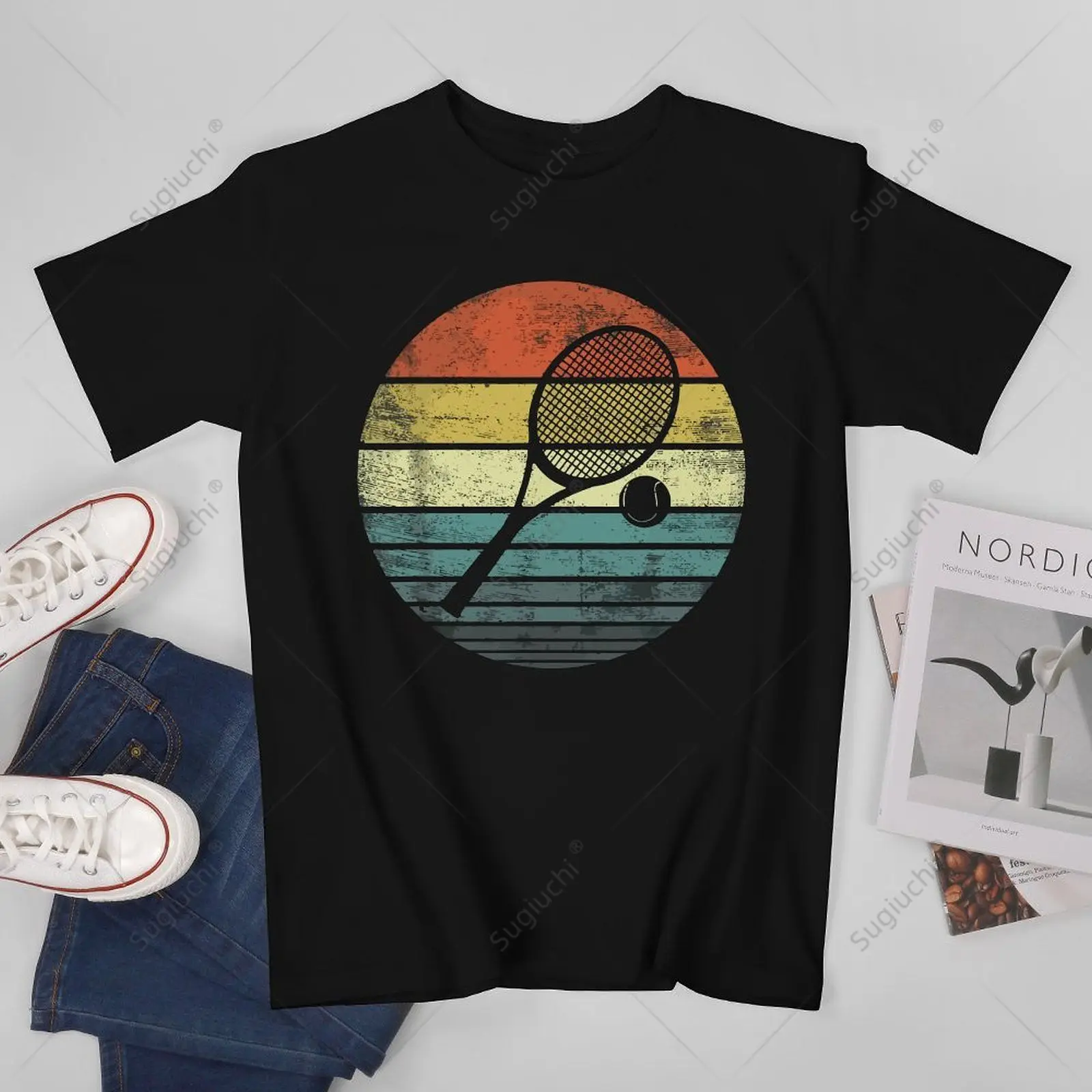 Unisex Men Tennis Player Gifts Retro Sunset Tennis Racquet & Ball Coach Tshirt Tees T Shirts Women Boys 100% Cotton T-Shirt