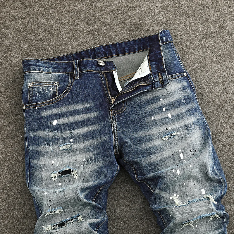 Street Designer Fashion Men Jeans Retro Blue Stretch Slim Fit Painted Ripped Jeans Men Y2K Vintage Casual Denim Pants Hombre