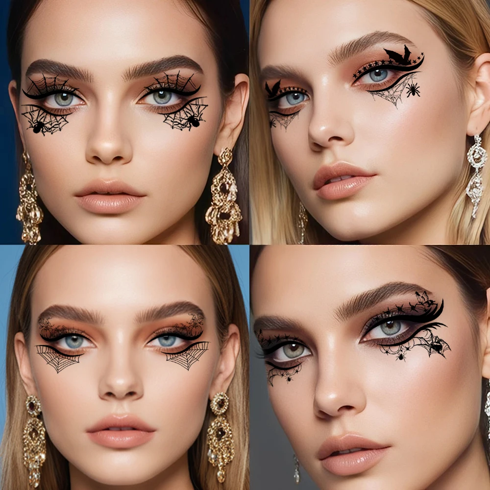 Autocollants de maquillage pour les yeux d'Halloween, Kit de remplacement de fard à paupières imperméable et amovible, fournitures de fête d'Halloween, Spide citrouille 12 pièces