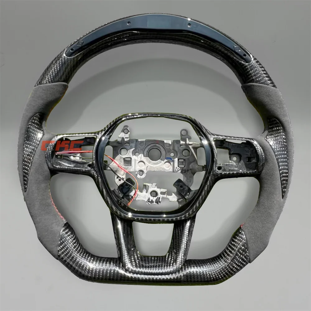For H-onda C-ivic 2022 2023 2024 2025 Customized black Carbon Fiber red stitch LED Steering Wheel