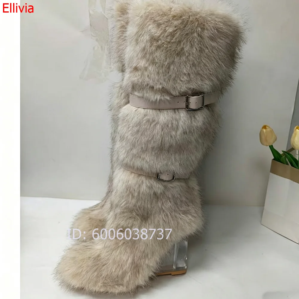 Women Fluffy  Fur Knee High Boots Clear Wedge Heel Double Buckle Strap Warm Plush New 2026 Model Winter Fashion Dress Boots