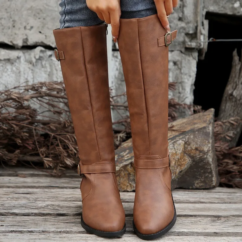 Women Knee High Boots Fashion Low Heels Square Platform Long Boots Brown Black Leather Zip Winter Women Warm Shoes Booties