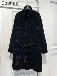 Women's Black Velvet Trench Coat Stand Collar Belt Lace Up Big Pockets 2024 Autumn New Commute Temperament Mid Length Coats